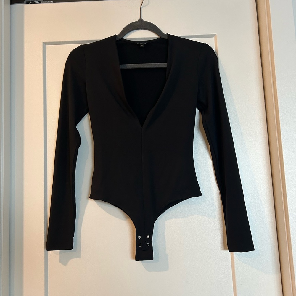 Dynamite Deep V-neck Black Long Sleeve Bodysuit